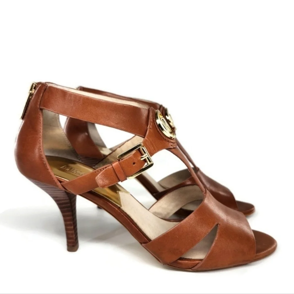 Michael Kors Brown Leather T-Strap Open-Toe Back Zip Gold Logo High Heel Sandals